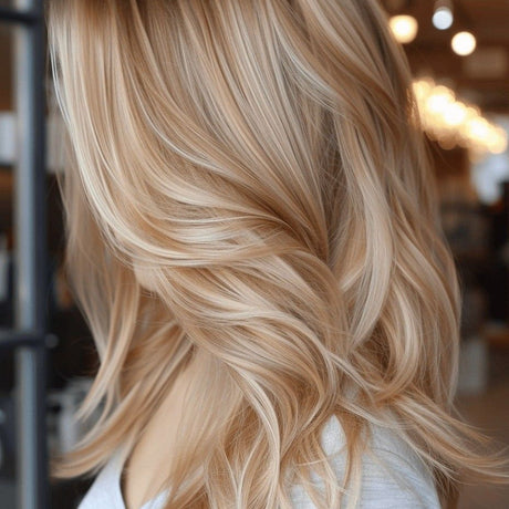alt="Backlit cascading blonde hair with honey-to-platinum gradient, styled in loose waves with radiant shine and soft focus"