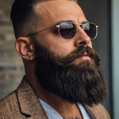 alt="Man with full beard and undercut hairstyle wears gold-framed sunglasses and brown blazer, showing chest tattoo, against blurred brick-and-glass background"