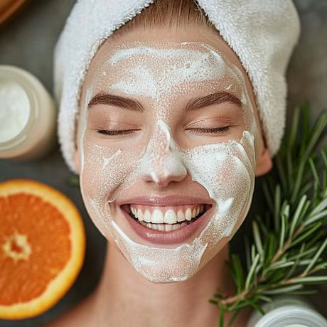 alt="Woman in white towel with foamy face mask, surrounded by citrus and herbs in a natural skincare setting"