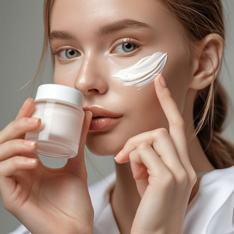 alt="Woman with light brown braids applying white cream on cheeks on grey background"