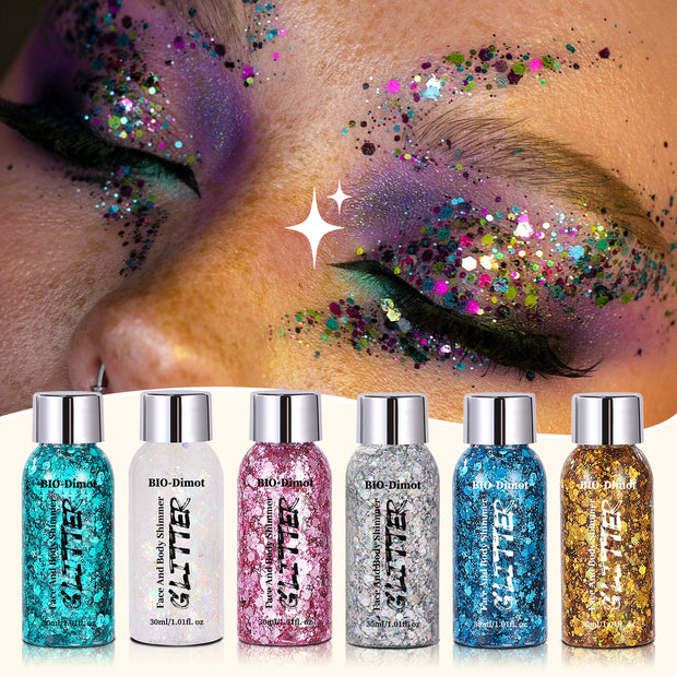 Six different colors of glitter gel and a female model using the product